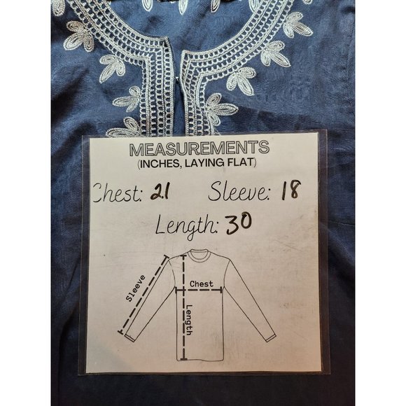 Chelsea & Theodore Women’s Linen Embroidered Navy Blue Ivory Tunic Blouse - Picture 8 of 8